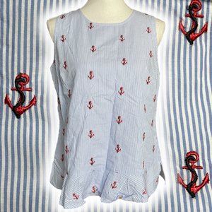 Anchor Embroidered Top M Pinstripe Sleeveless Flounce Peplum Blue White Nautical